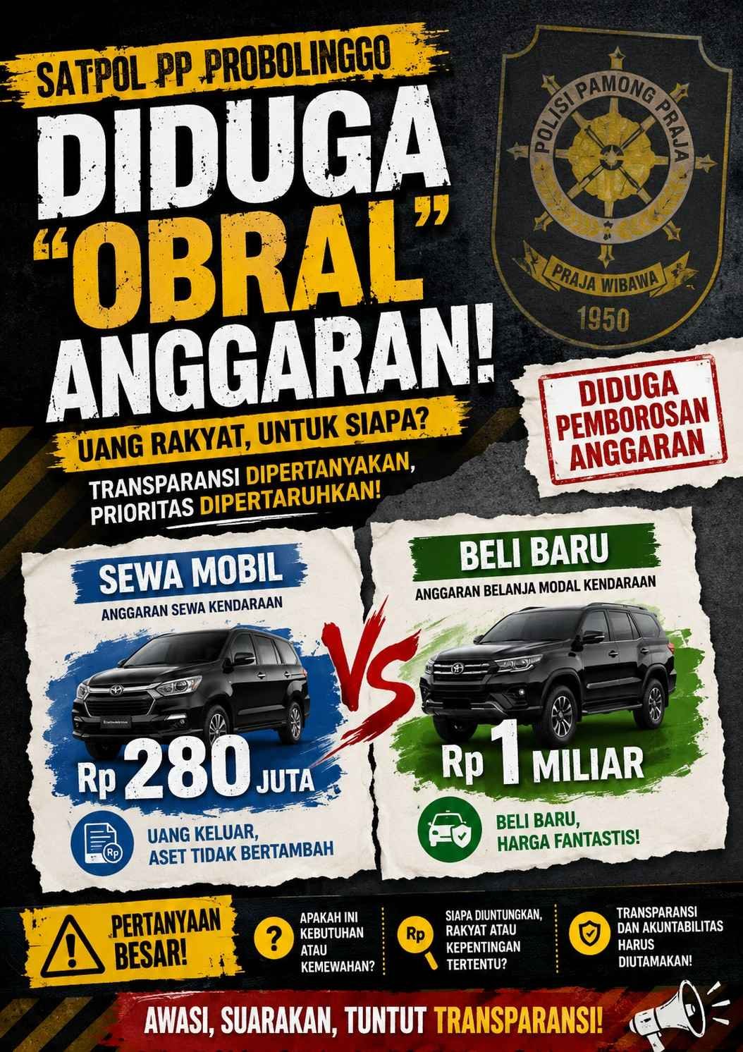 Satpol PP Probolinggo Diduga “Obral” Anggaran: Sewa Mobil Rp 280 Juta, Beli Baru Rp 1 Miliar