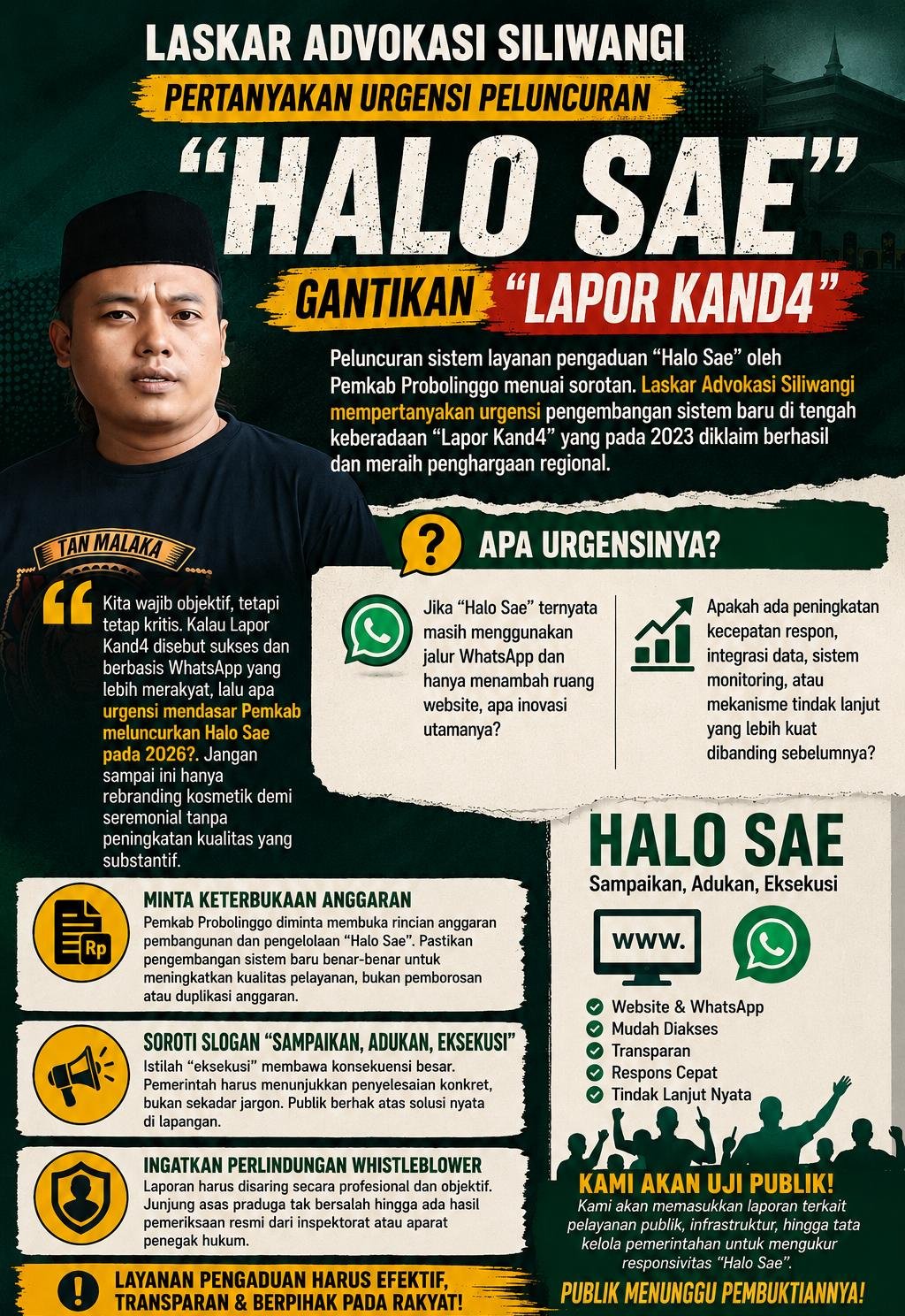 Laskar Advokasi Siliwangi Pertanyakan Urgensi Peluncuran “Halo Sae” Gantikan “Lapor Kand4”