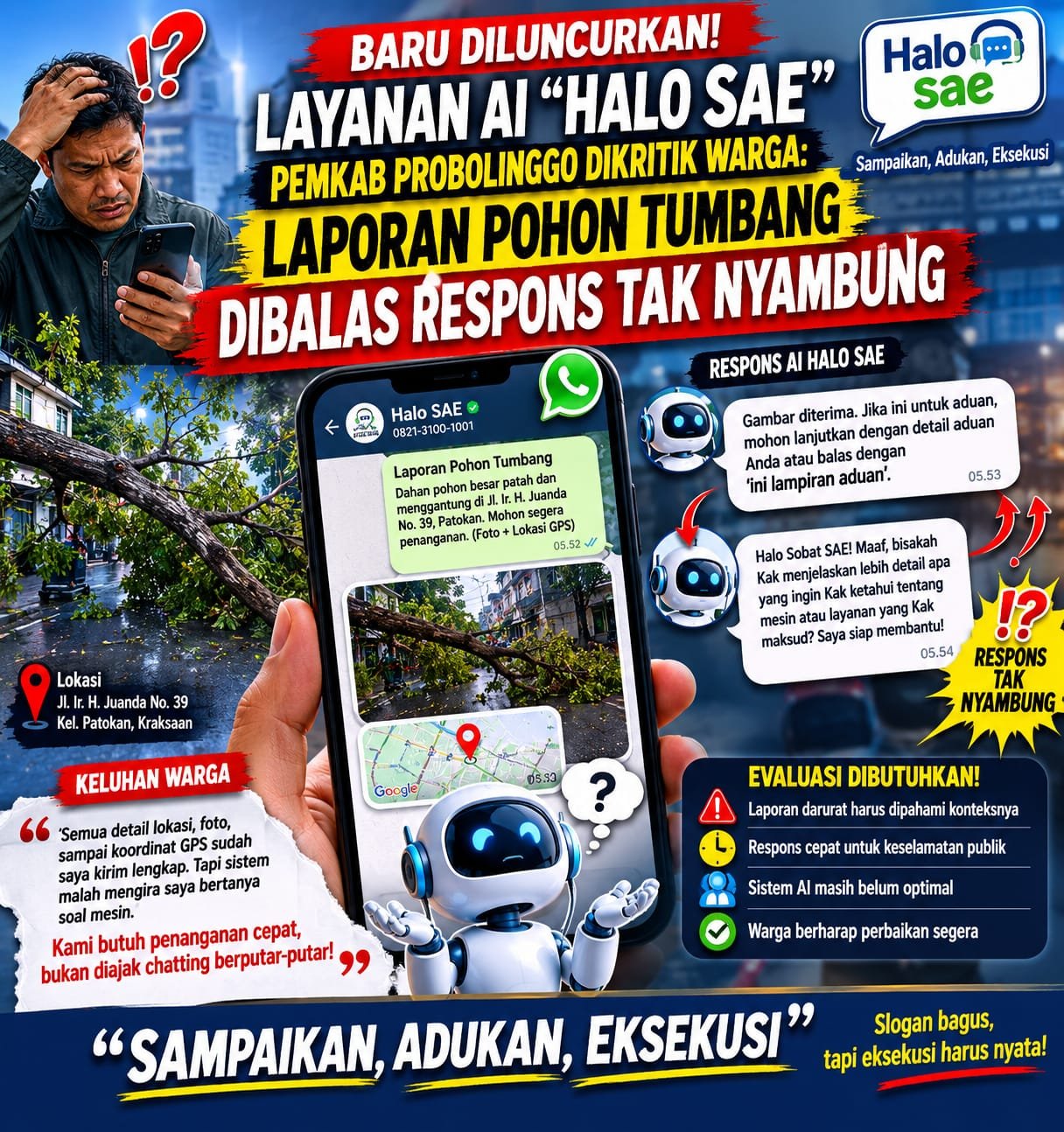 Baru Diluncurkan, Layanan AI “Halo SAE” Pemkab Probolinggo Dikritik Warga: Laporan Pohon Tumbang Malah Dibalas Respons Tak Nyambung