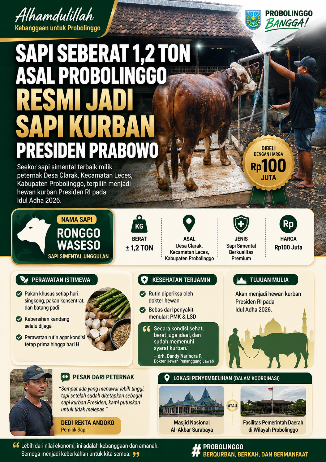 Sapi Seberat 1,2 Ton Asal Probolinggo Resmi Jadi Sapi Kurban Presiden Prabowo