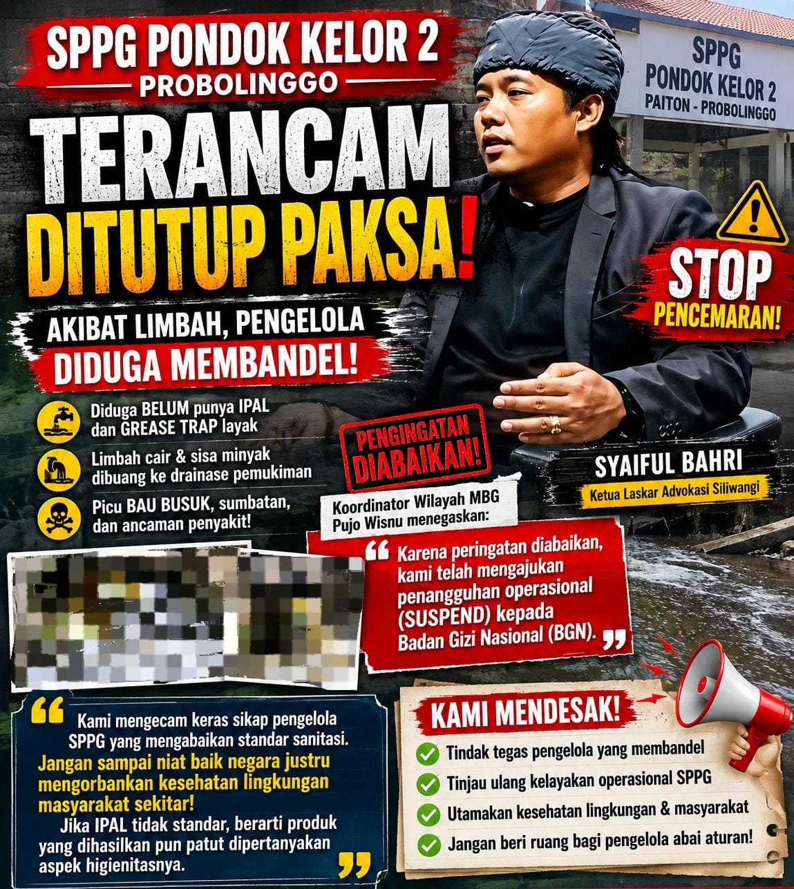 SPPG Pondok Kelor 2 Probolinggo Terancam Ditutup Paksa Akibat Limbah, Pengelola Diduga Membandel