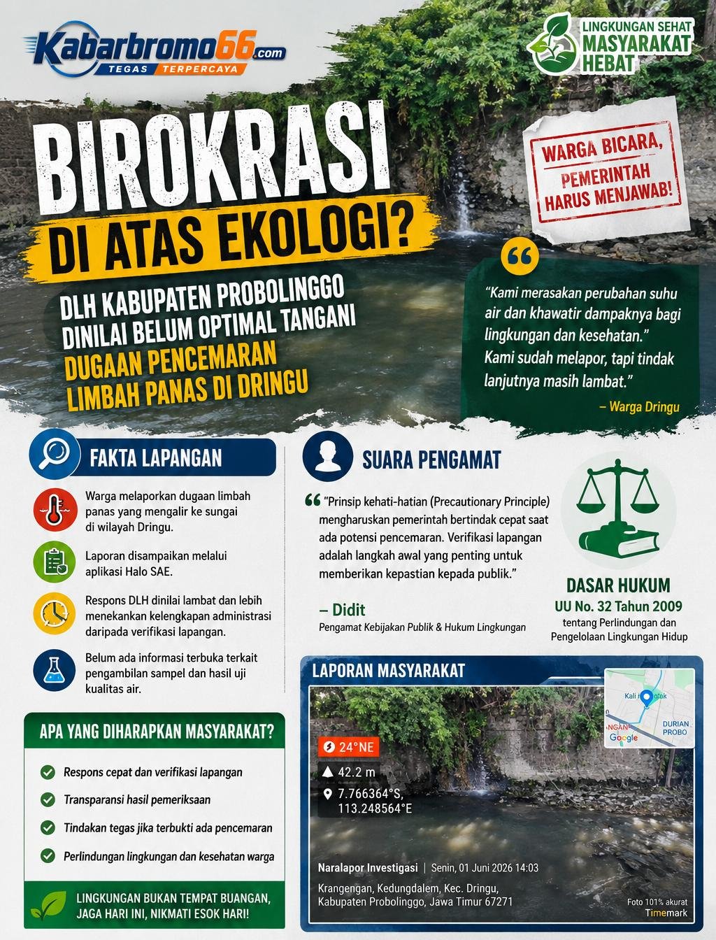 Birokrasi di Atas Ekologi: DLH Kabupaten Probolinggo Dinilai Belum Optimal Tangani Dugaan Pencemaran Limbah Panas di Dringu